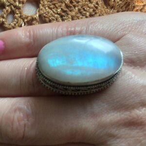 Rainbow Moonstone Oval Statement Ring in Iridescent White Sz 7 huge moonstone